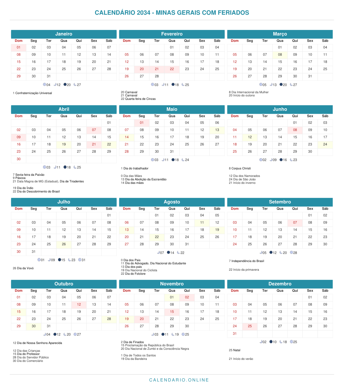 Calendário 2034 de Minas Gerais com feriados