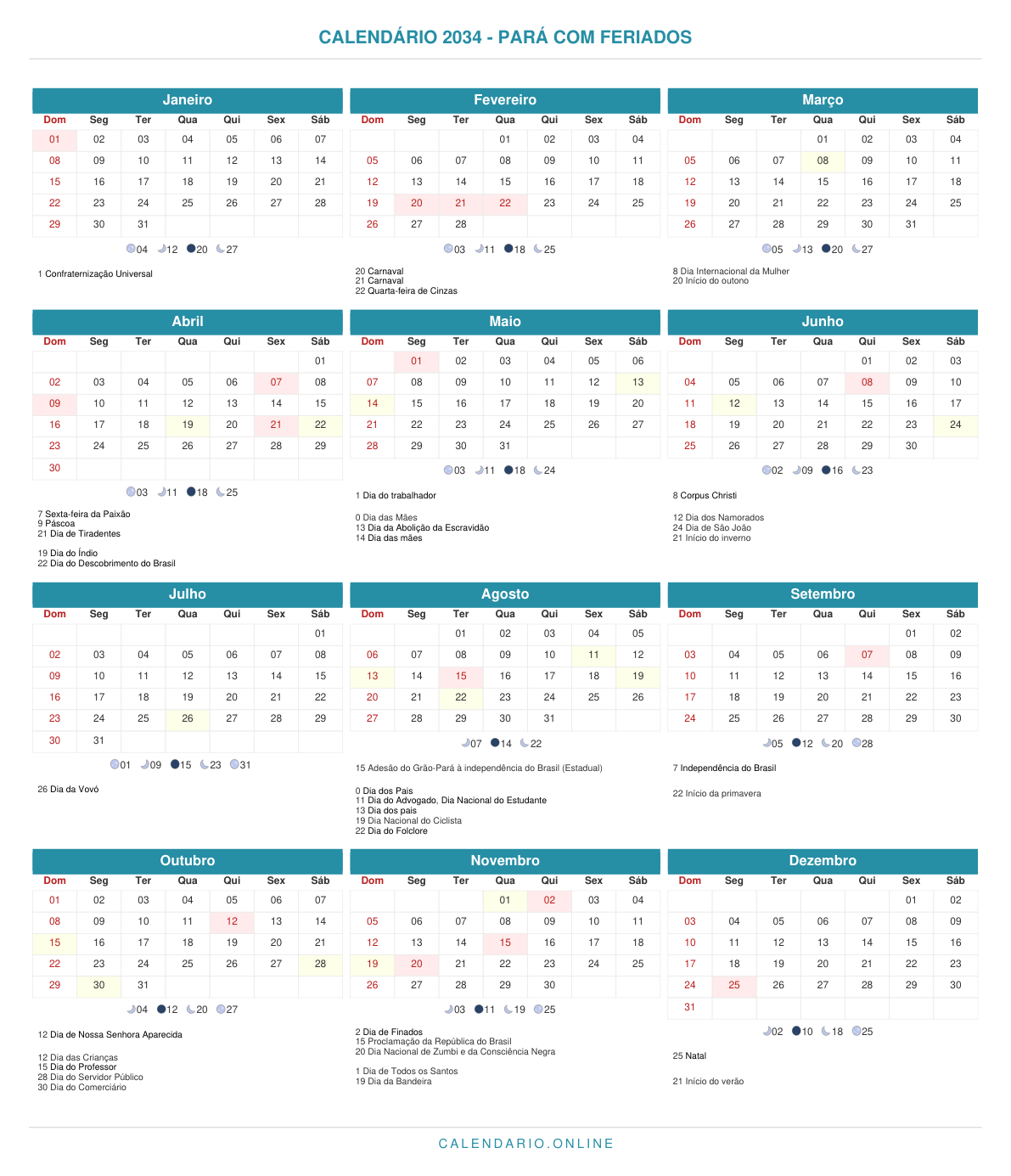 Calendário 2034 do Pará com feriados