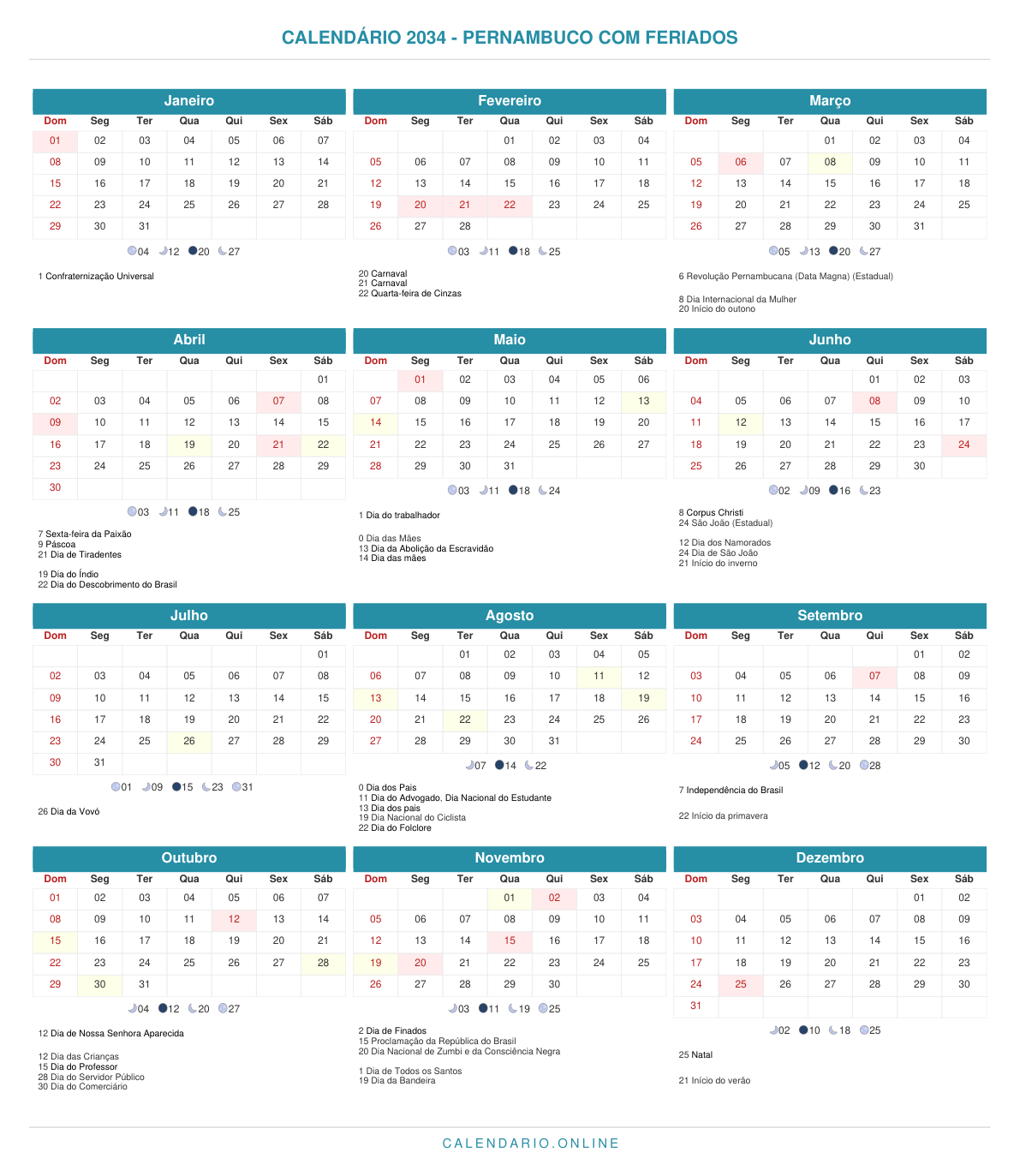 Calendário 2034 de Pernambuco com feriados