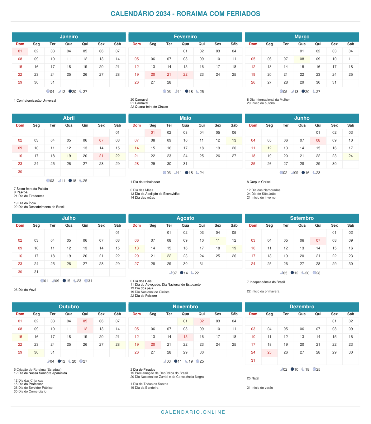 Calendário 2034 de Roraima com feriados