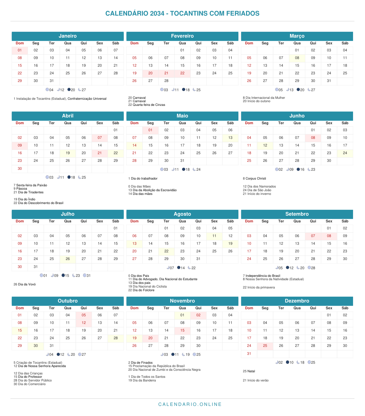 Calendário 2034 de Tocantins com feriados
