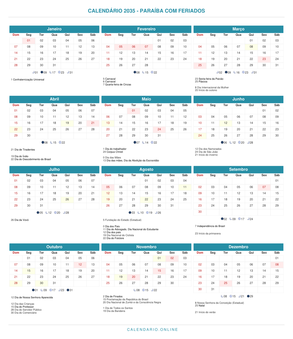 Calendário 2035 da Paraíba com feriados