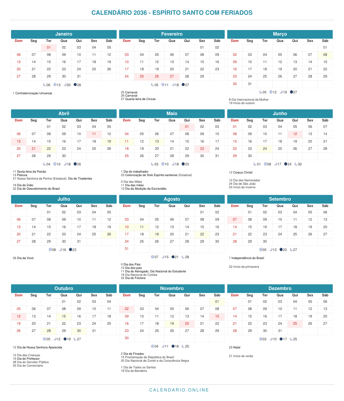 Calendário 2036 do Espírito Santo com feriados