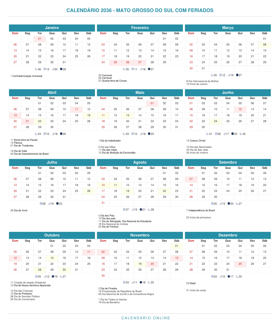 Calendário 2036 do Mato Grosso do Sul com feriados