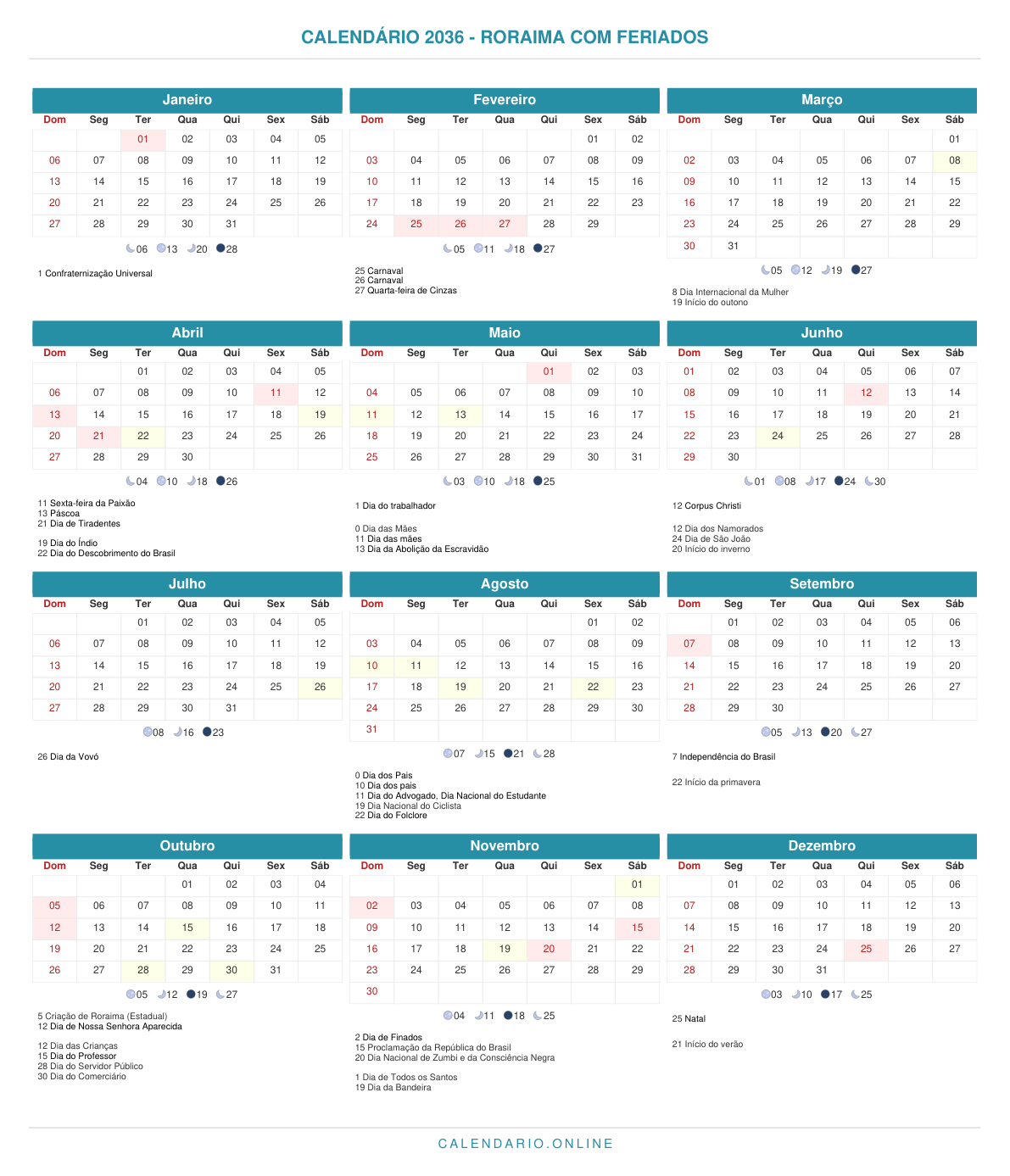 Calendário 2036 de Roraima com feriados