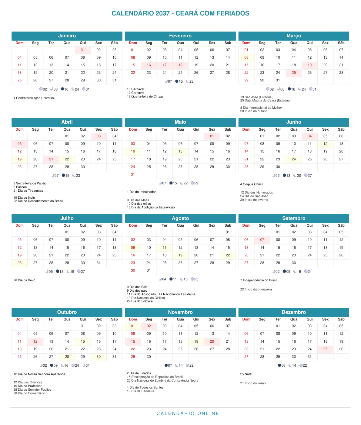 Calendário 2037 do Ceará com feriados