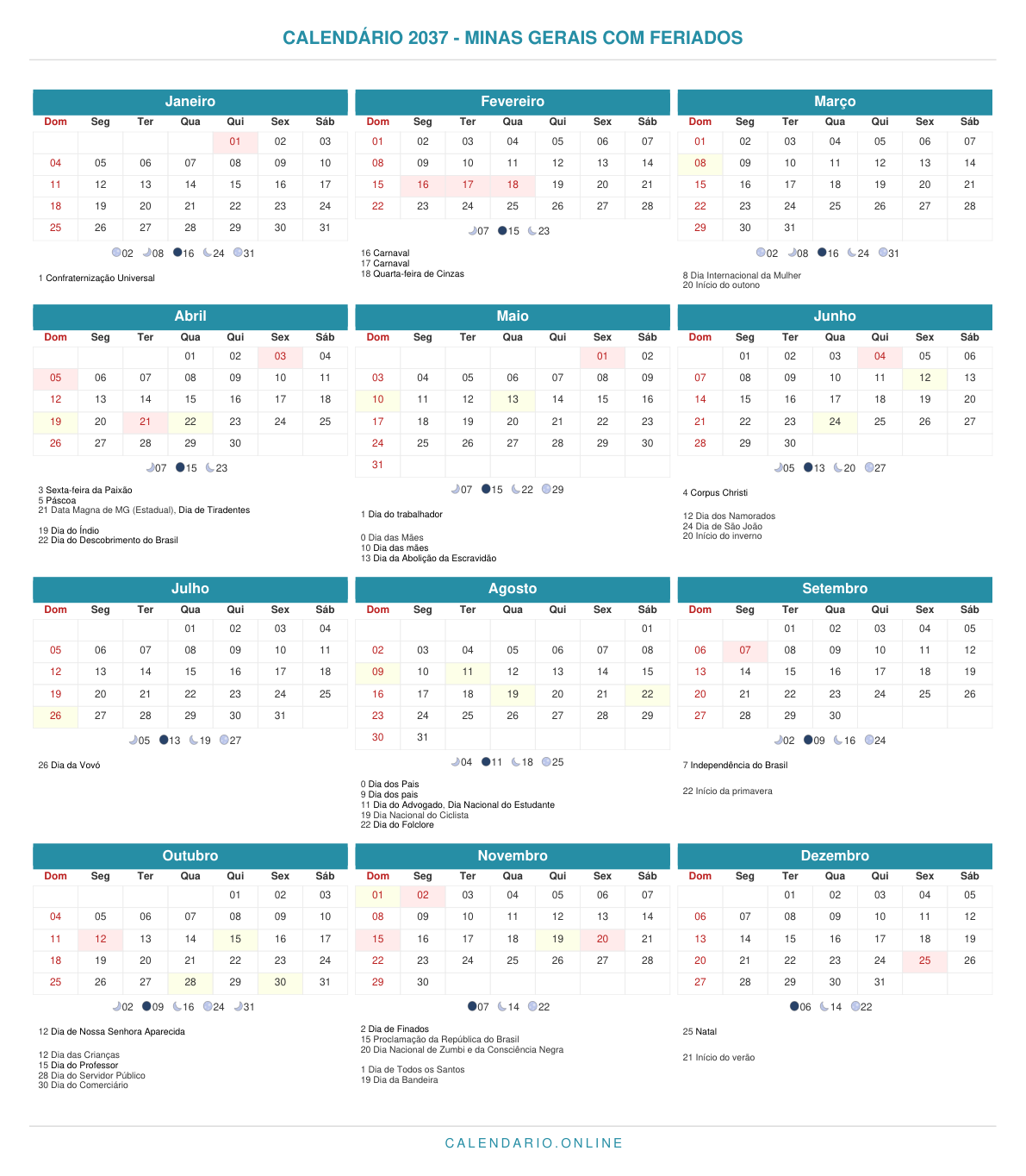 Calendário 2037 de Minas Gerais com feriados