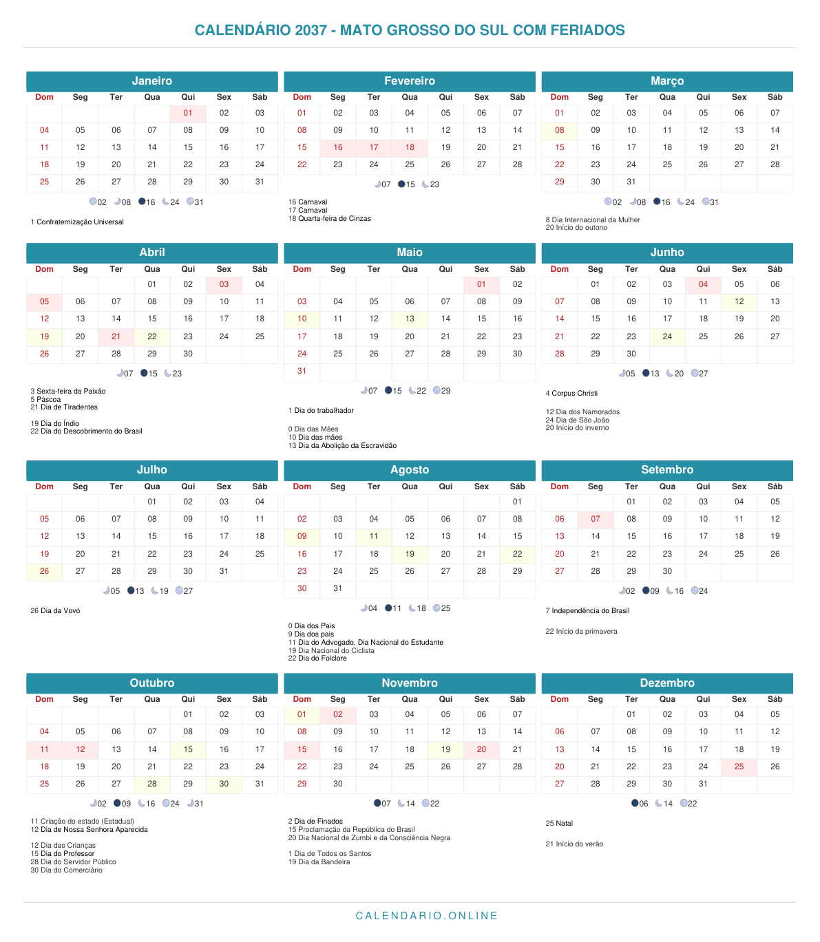Calendário 2037 do Mato Grosso do Sul com feriados