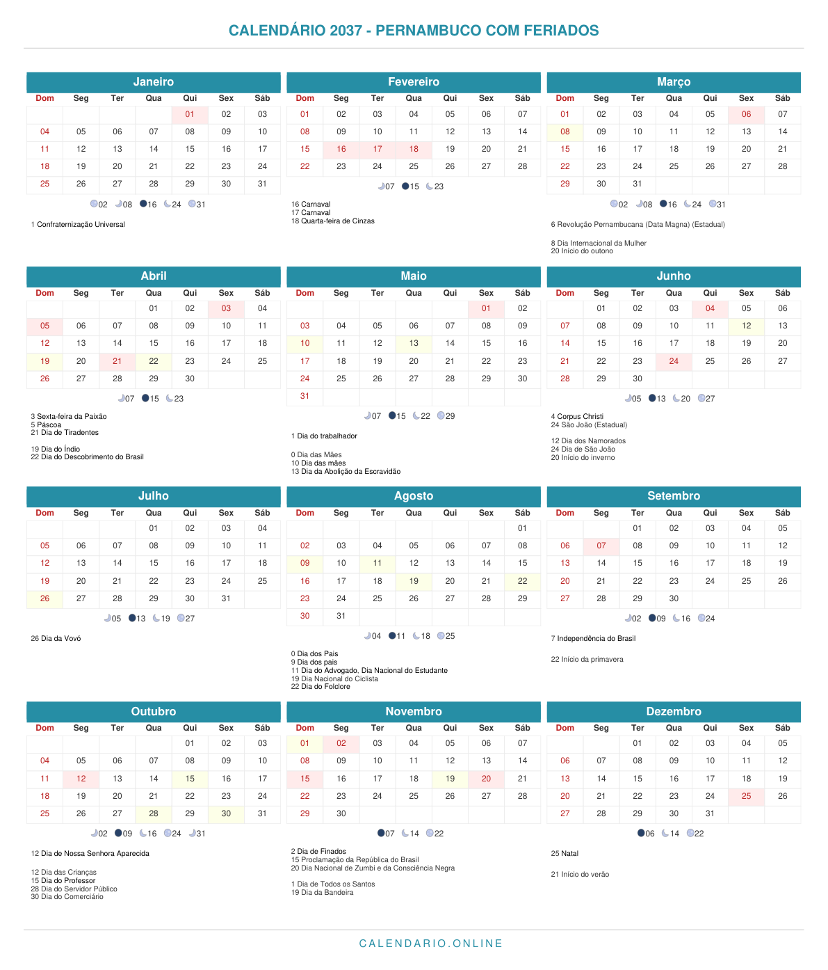 Calendário 2037 de Pernambuco com feriados