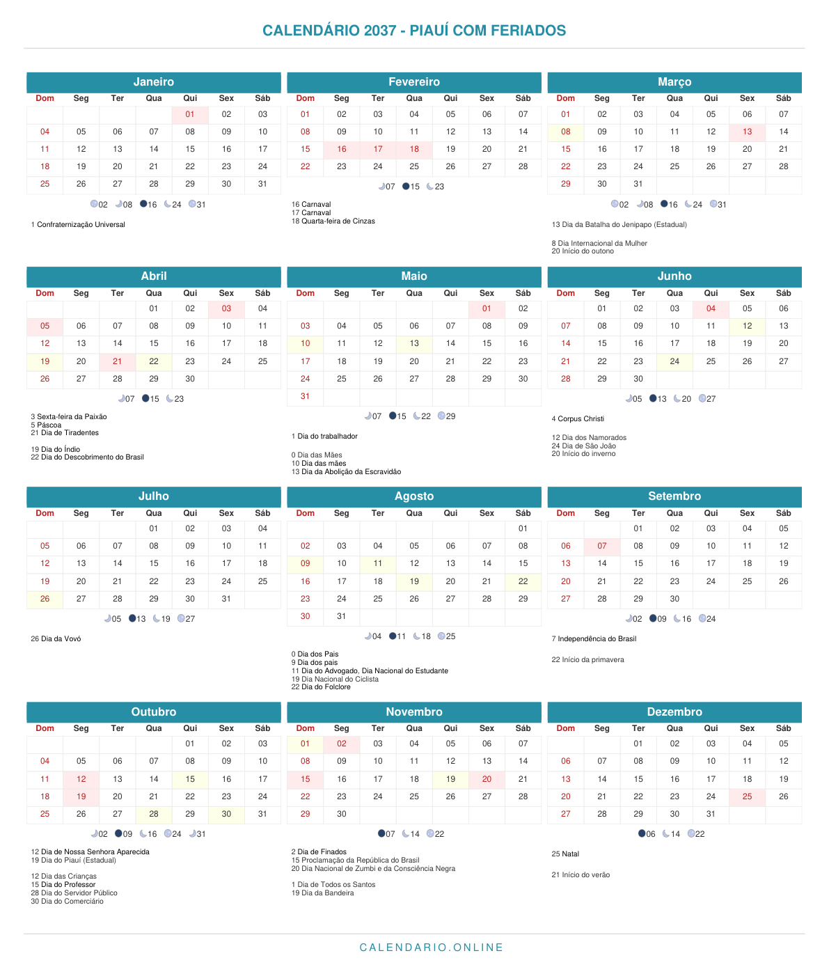 Calendário 2037 do Piauí com feriados