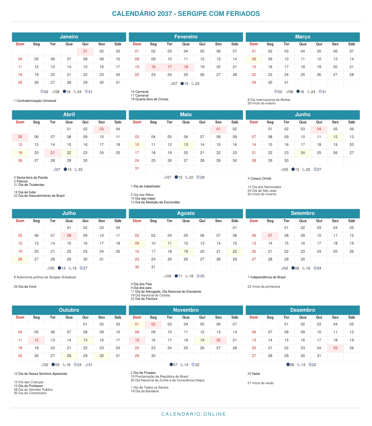 Calendário 2037 de Sergipe com feriados