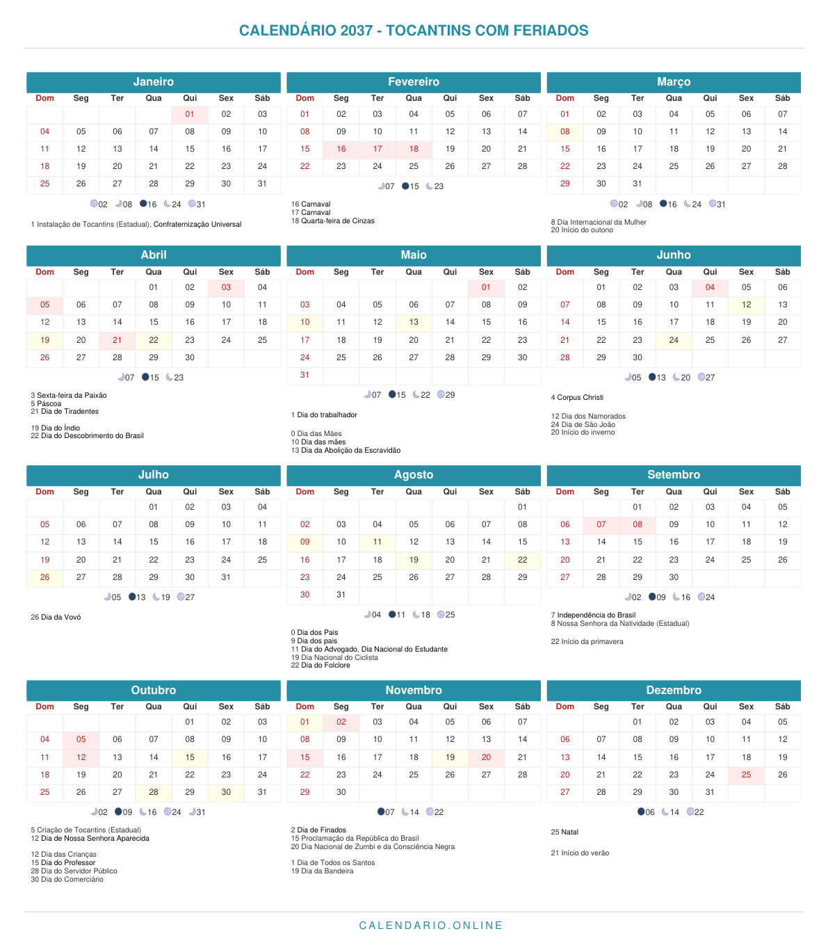 Calendário 2037 de Tocantins com feriados